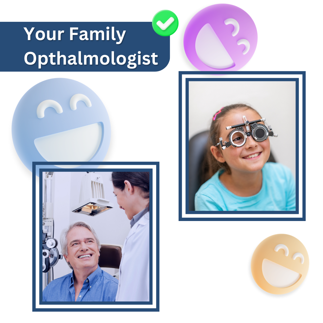 A happy child being examined by an opthalmologist